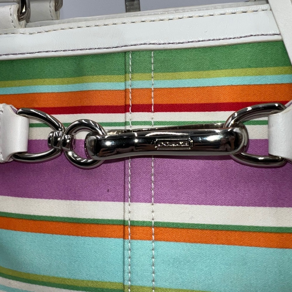 Coach Hampton Multicolor Canvas White Leather Trim Stripes Satchel Tote Bag - Picture 7 of 14